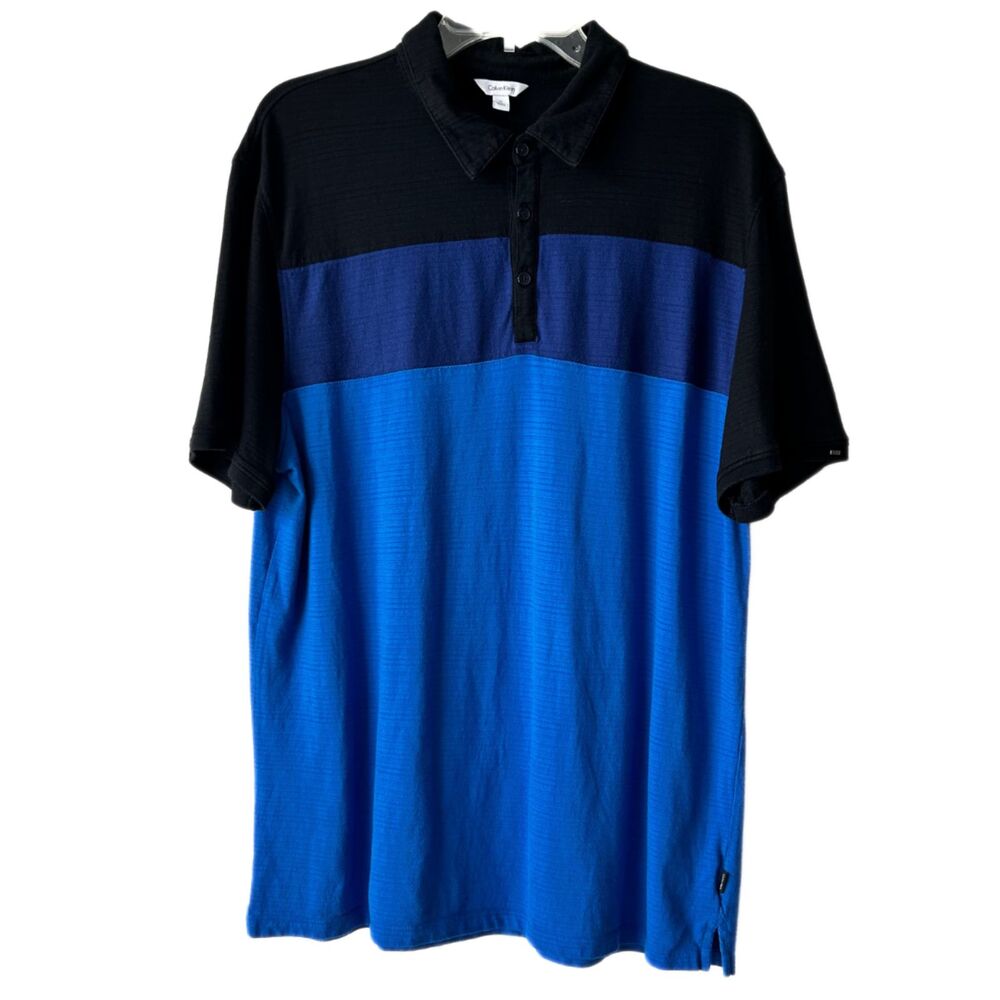 Calvin Klein Polo Shirt Nautical Blue Stripe Cotton Collared Casual Shirt Sz XL